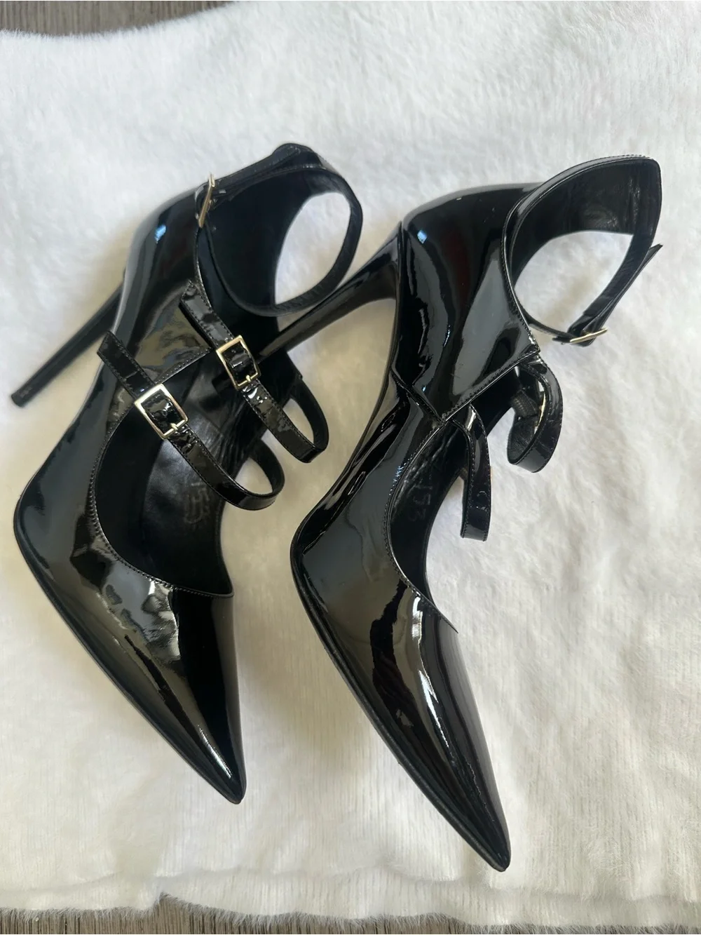 Tamara Mellon pistol 105 black patent triple strap pumps caged heels size 40/us